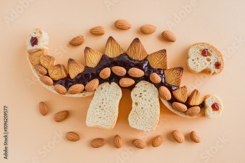 A cute dinosaur made out of bread  jam and almonds. photo