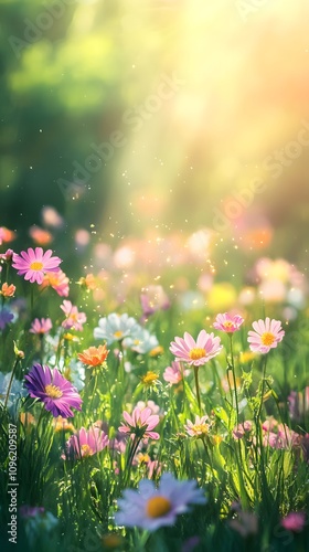 Sunlit Meadow Of Colorful Blossoming Flowers