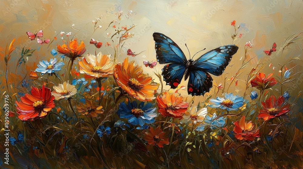 Vibrant Blue Butterfly Amid a Colorful Flower Field Showcasing Nature's Beauty, Ideal for Illustrating Spring, Growth, and Transformation Themes in Art or Design Projects Vibrant Blue Butterfly Amid a Colorful Flower Field Showcasing Nature's Beauty, Ideal for Illustrating Spring, Growth, and Transformation Themes in Art or Design Projects