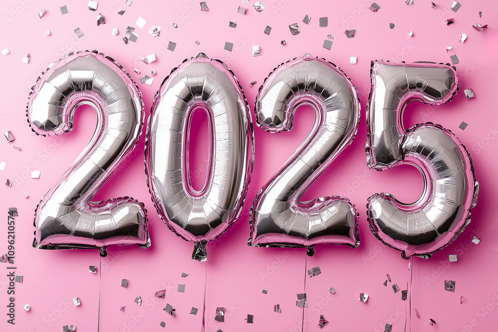 2025 New Year concept. Silver numbers foil balloons and confetti on pink background 2025 New Year concept. Silver numbers foil balloons and confetti on pink background