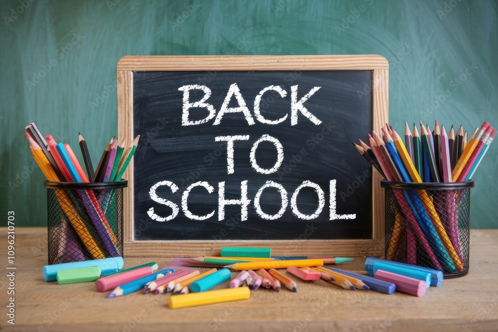 A chalkboard with 'Back to School' written on it surrounded by colorful pencils and crayons. A chalkboard with 'Back to School' written on it surrounded by colorful pencils and crayons.