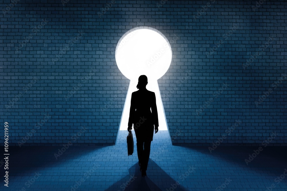 Obraz premium A woman walks through a keyhole shaped opening in a brick wall representing opportunity.