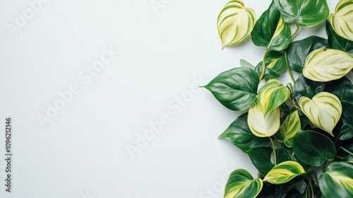 Tropical Philodendron Hederaceum Scandens showcasing vibrant yellow-striped leaves intertwined with deep green foliage against a clean white backdrop. photo