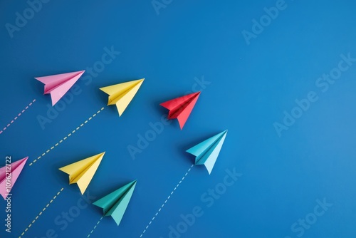 Paper airplanes in different colors fly on a blue background.