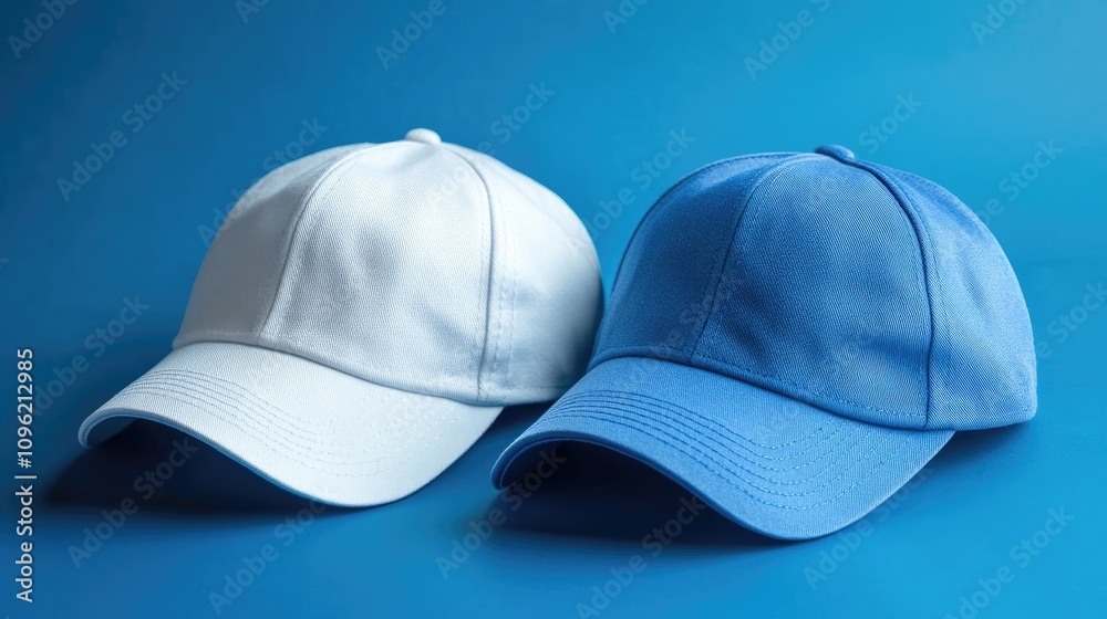 Stylish blue and white baseball caps positioned on a vibrant blue background, showcasing their sleek designs and contrasting colors. Stylish blue and white baseball caps positioned on a vibrant blue background, showcasing their sleek designs and contrasting colors.
