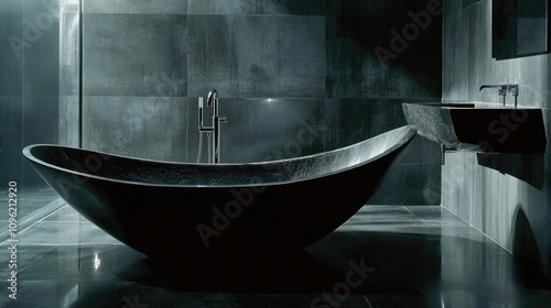 Modern dark gray bathroom with an elegant oval bathtub, minimalist sink, and sleek tile walls creating a sophisticated atmosphere. photo