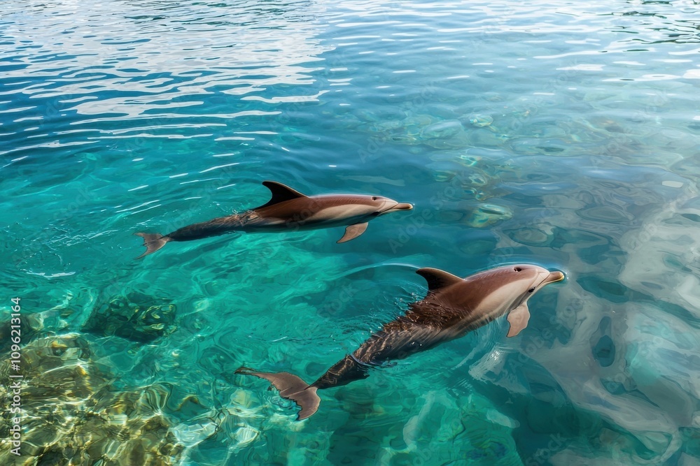 Fototapeta premium Dolphins swimming in crystal clear waters ocean nature photography serene environment underwater perspective