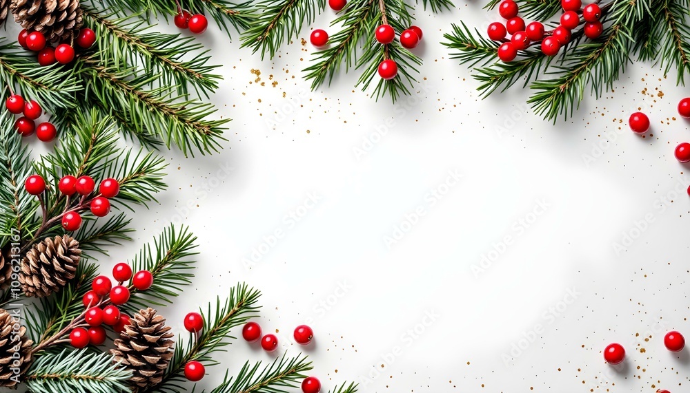 Christmas composition flatlay. Spruce branches, red berries on white background. Christmas floral frame, decorative border. Winter composition of red cranberry branches, spruce tree branches Christmas composition flatlay. Spruce branches, red berries on white background. Christmas floral frame, decorative border. Winter composition of red cranberry branches, spruce tree branches
