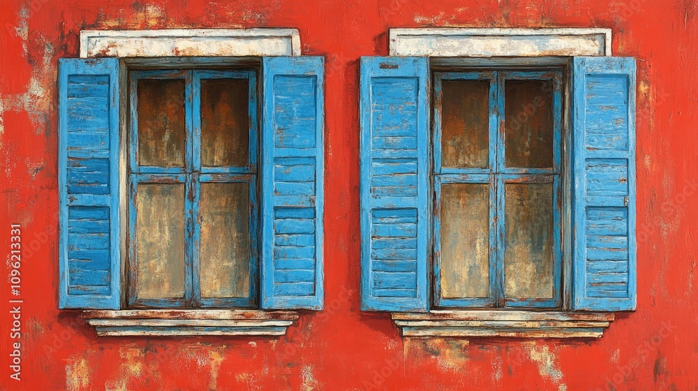 Fototapeta premium Vibrant red wall adorned with two distinctive blue shuttered windows, highlighting intricate architectural details and weathered textures.