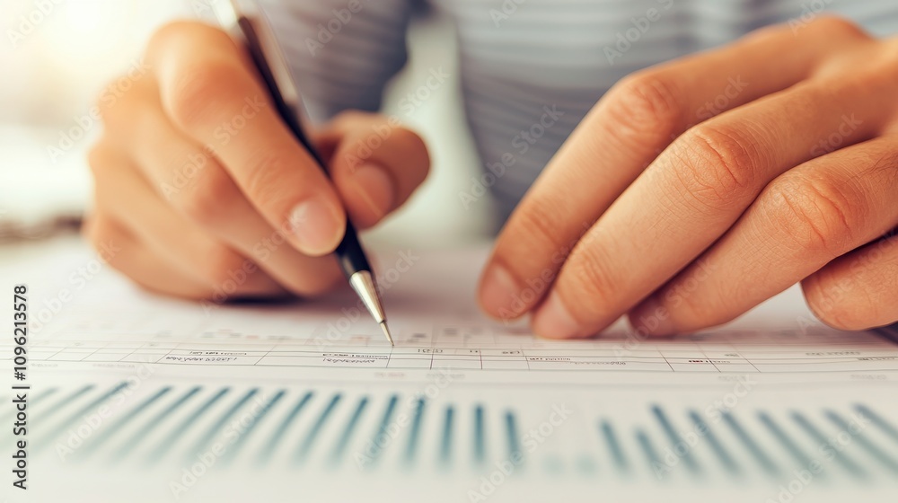 Close-up of Hands Holding Pen While Writing on Document with Business Graphs and Charts, Professional Workspace Environment for Financial Planning and Analysis Close-up of Hands Holding Pen While Writing on Document with Business Graphs and Charts, Professional Workspace Environment for Financial Planning and Analysis