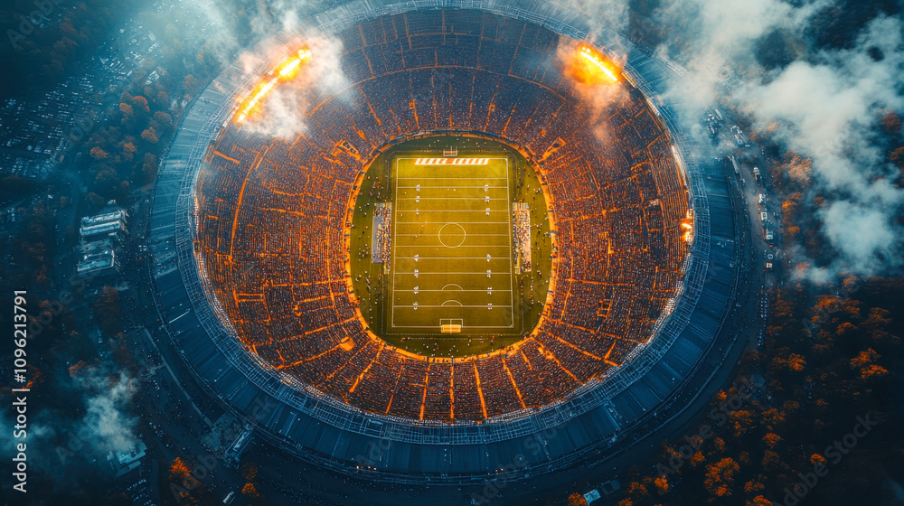 Aerial view of illuminated football stadium filled with spectators during evening match Aerial view of illuminated football stadium filled with spectators during evening match