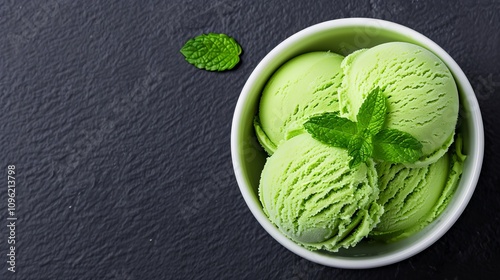 Creamy mint ice cream scoops in a bowl. photo