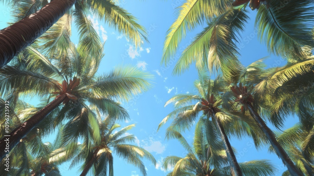 Coconut trees reaching skyward with vibrant green leaves against a bright blue summer sky, embodying a tropical paradise atmosphere. Coconut trees reaching skyward with vibrant green leaves against a bright blue summer sky, embodying a tropical paradise atmosphere.