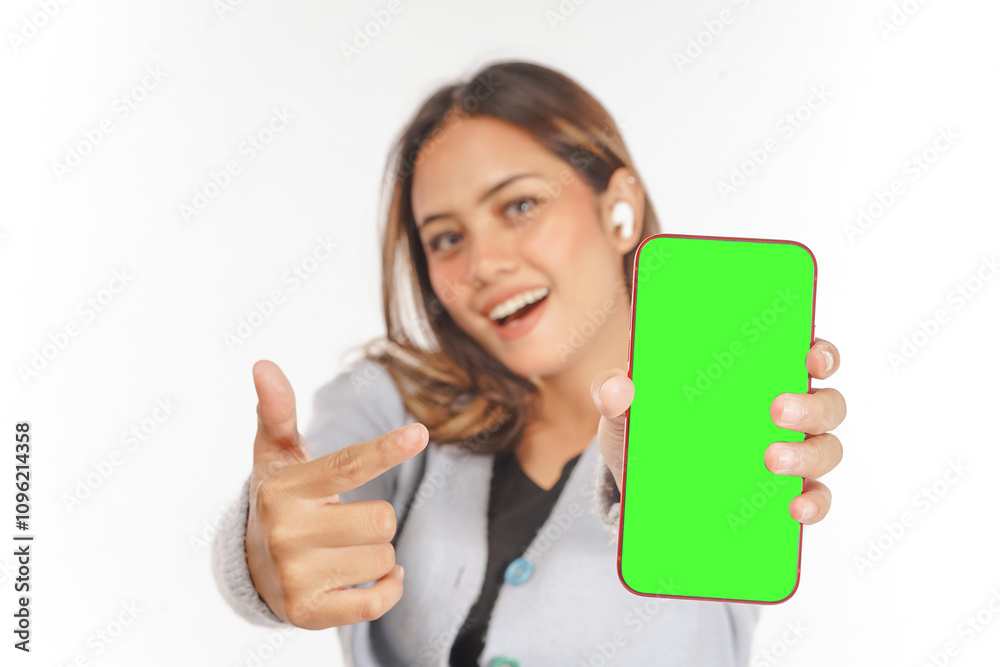 Young Asian woman using airpods pointing at blank smartphone screen Young Asian woman using airpods pointing at blank smartphone screen