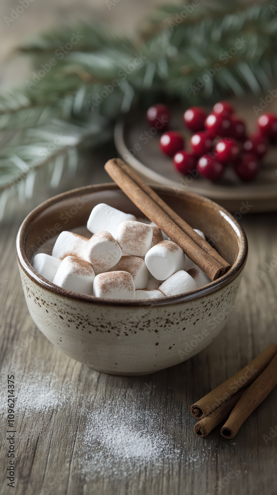 Cozy bowl of marshmallows with cinnamon and holiday decor Cozy bowl of marshmallows with cinnamon and holiday decor