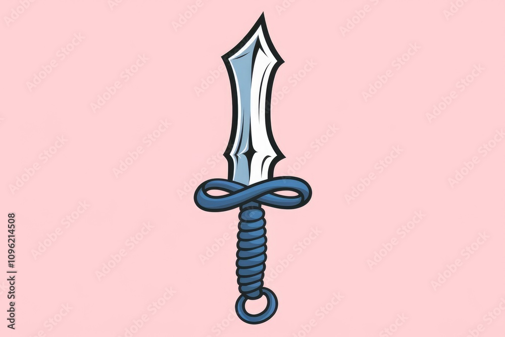 Fototapeta premium A silver dagger with a blue rope handle against a pink background.