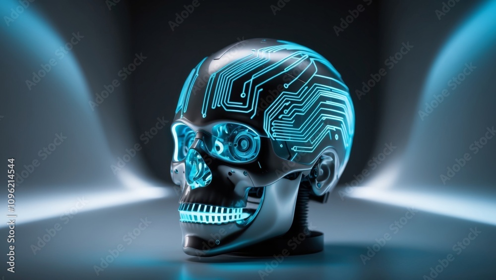 A futuristic robotic head with glowing circuitry in a dimly lit space.