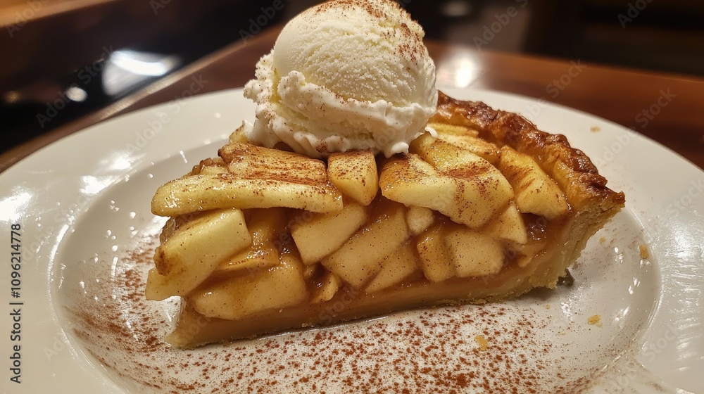 Classic apple pie slice adorned with fresh apple ice cream and a dusting of cinnamon, perfect for autumn festivities and delightful dessert cravings. Classic apple pie slice adorned with fresh apple ice cream and a dusting of cinnamon, perfect for autumn festivities and delightful dessert cravings.