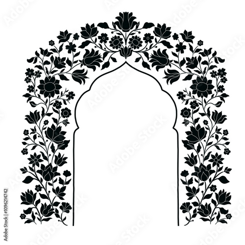 Mughal decorative ornamental floral arch. Vintage intricate traditional mughal style with flowers and foliage.