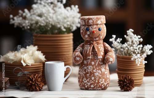 Obraz na płótnie Cozy Gingerbread Man with a cup Christmas Card Photo Background w salonie