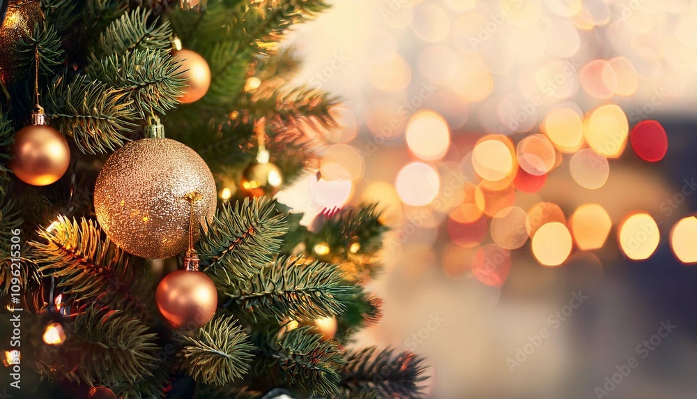 Fototapeta premium Decorate christmas tree on blur background.