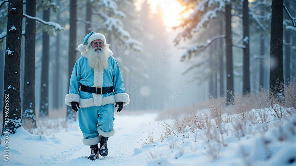Santa Claus walks through a snowy forest during a quiet winter afternoon surrounded by tall evergreen trees Santa Claus walks through a snowy forest during a quiet winter afternoon surrounded by tall evergreen trees
