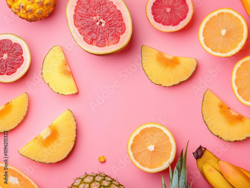 Wallpaper Mural Bright and vibrant tropical fruits arranged artistically on a pink background Torontodigital.ca