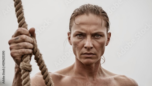 A person holds a rope with a determined look. photo