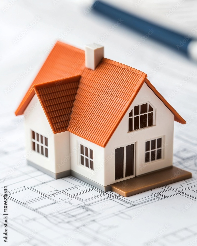 A small model house sits on architectural blueprints, highlighting the relationship between design and construction. A small model house sits on architectural blueprints, highlighting the relationship between design and construction.