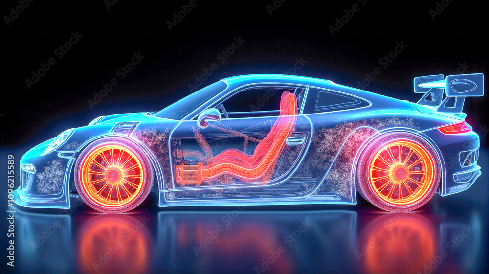 Digital representation of a sports car showcasing internal components and design elements in vibrant colors Digital representation of a sports car showcasing internal components and design elements in vibrant colors