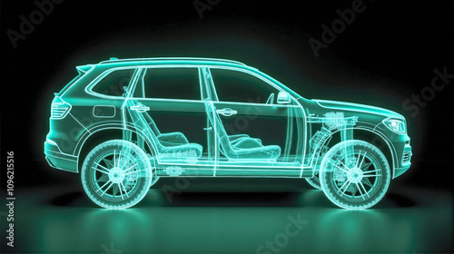 3D representation of a modern SUV showcasing interior and exterior design details in a futuristic style