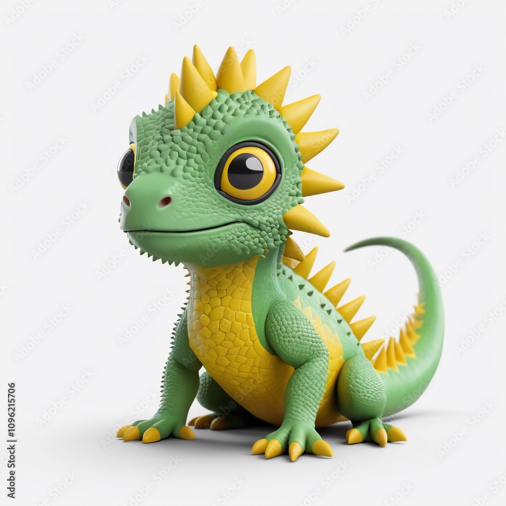 Obraz premium Cute Cartoon Green Lizard Adorable Reptile Fantasy Dragon 3D Render