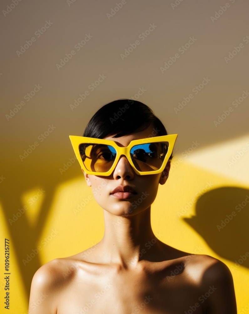 A person wearing yellow sunglasses on a yellow background with their shadow visible.