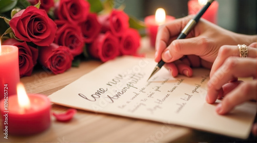 Writing a heartfelt love letter with candles and roses on a romantic evening