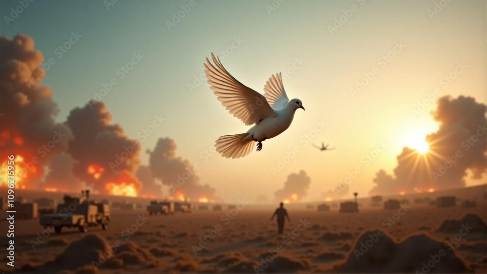 Fototapeta premium Conflict zone with smoke and flames at sunset as birds fly overhead, illustrating hope and resilience in challenging times
