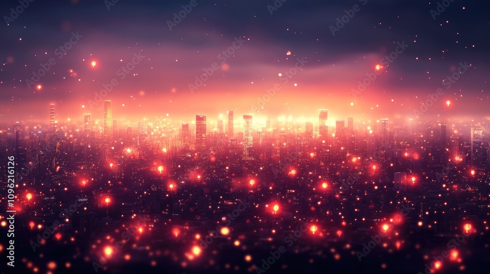 Vibrant city skyline at dusk with glowing light particles Vibrant city skyline at dusk with glowing light particles