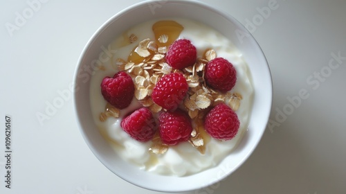 Bowl of creamy Greek yogurt adorned with fresh raspberries, drizzled honey, and crunchy muesli, elegantly presented on a clean white table in an overhead view.