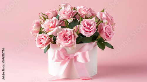 A beautiful bouquet of pink roses in a vase, paired with a gift box wrapped in a satin bow on a pastel pink table, perfect for celebrating birthdays, weddings, Mother's Day, Valentine's Day