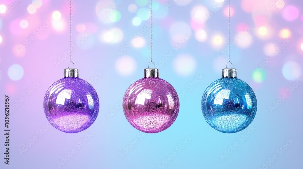 Obraz premium Colorful glitter christmas ornaments hanging against a bokeh background