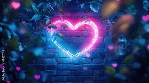 Vibrant neon heart sign illuminates a brick wall with romantic glow. Happy Valentine's Day. 14 february. photo