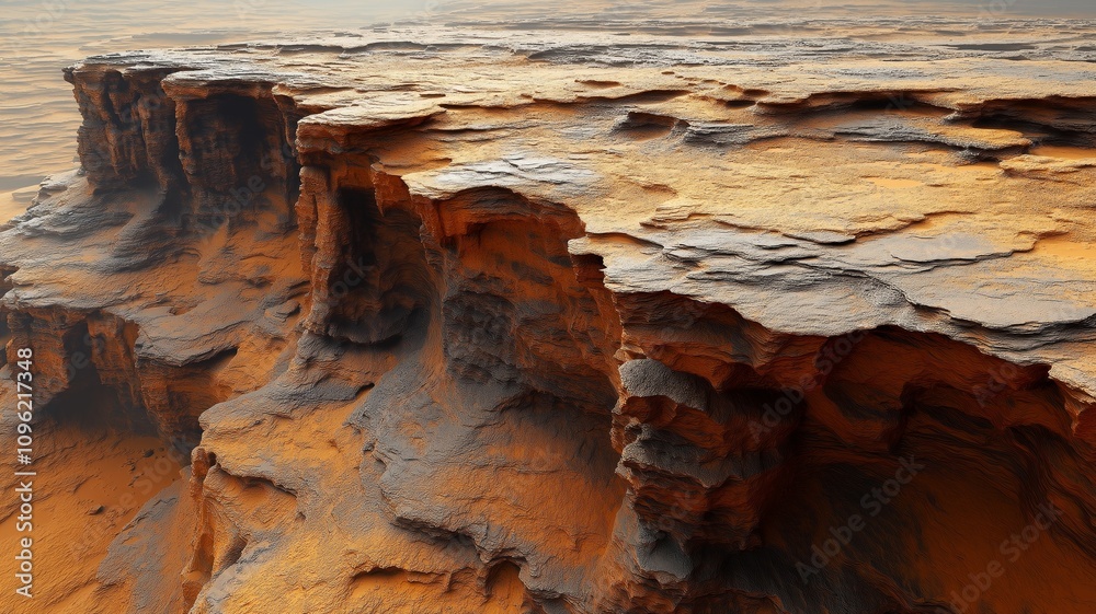 Fototapeta premium Rugged desert cliffs with deep erosion and striking orange hues create a dramatic, otherworldly landscape.