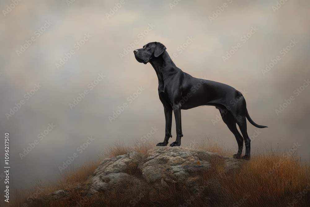 Great Dane Standing Tall: A black Great Dane standing on a rocky hill Great Dane Standing Tall: A black Great Dane standing on a rocky hill
