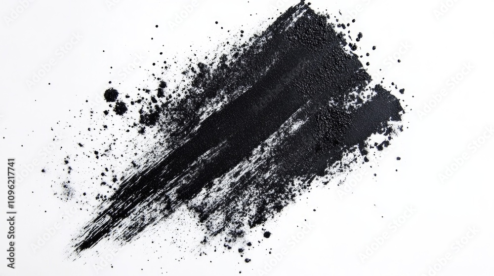 Artistically scattered black marker paint creating a dynamic texture against a clean white background, showcasing intricate details of paint splatters and brush strokes.