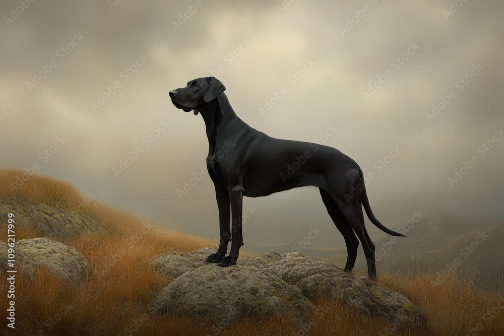 Great Dane Standing Tall: A black Great Dane standing on a rocky hill