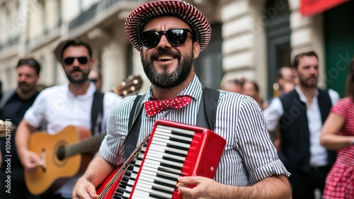 Fototapeta Naklejka Na Ścianę i Meble -  Fete de la Musique in France, with street musicians performing in public spaces and festive music filling the air   Fete de la Musique, France, music festival