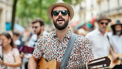 Fototapeta Naklejka Na Ścianę i Meble -  Fete de la Musique in France, with street musicians performing in public spaces and festive music filling the air   Fete de la Musique, France, music festival