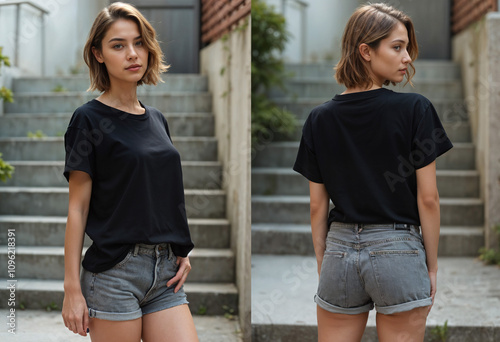 A plus size female young woman model wearing a black t-shirt mockup in an outdoor urban city garden setting in front of a concrete wall and staircase., front and back