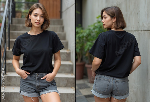 A plus size female young woman model wearing a black t-shirt mockup in an outdoor urban city garden setting in front of a concrete wall and staircase., front and back