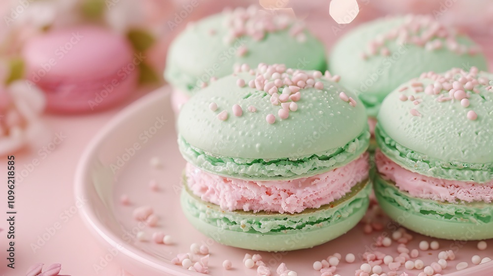 Delightful pastel macaroons on a pink plate. Delightful pastel macaroons on a pink plate.