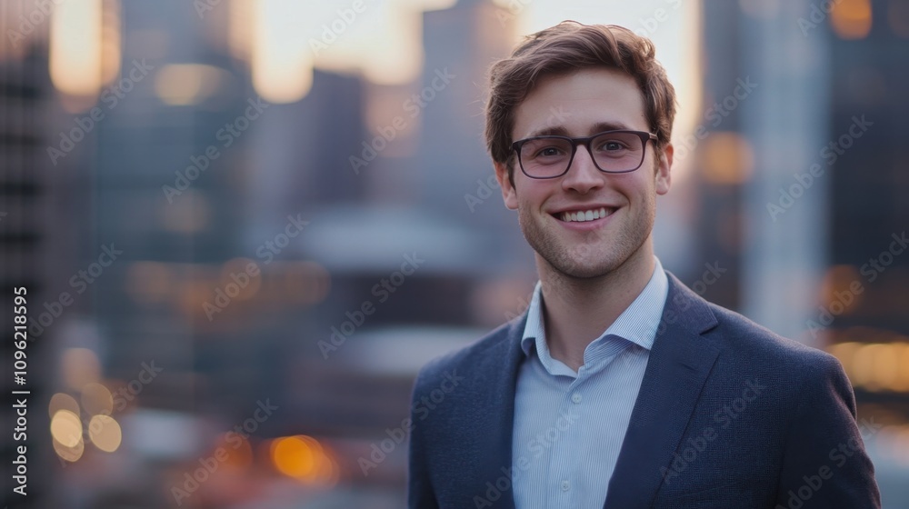 Fototapeta premium Professional young man in suit standing outdoors against an urban skyline at sunset, radiating confidence and approachability in a business setting